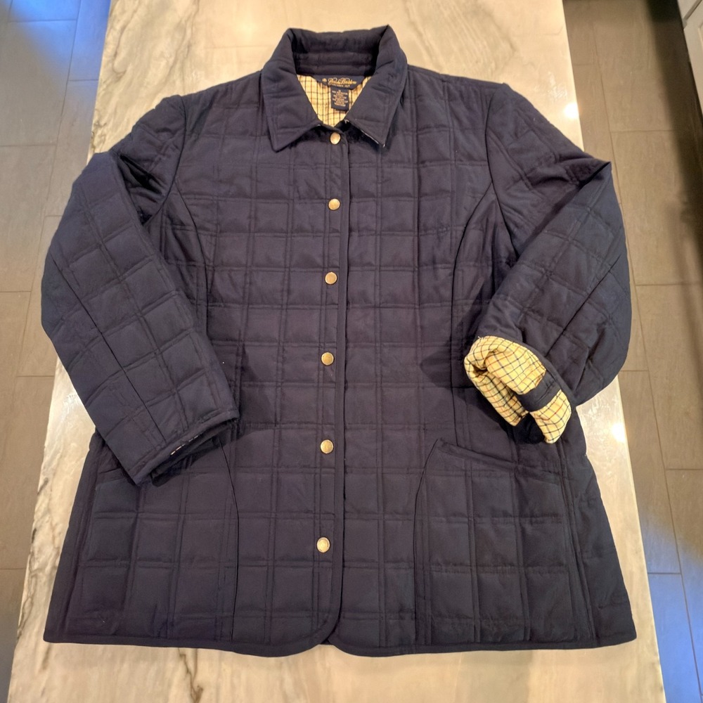 Vintage Brooks Brothers Navy Quilted Barn Jacket Plaid Lined Size Womens 16 Coat